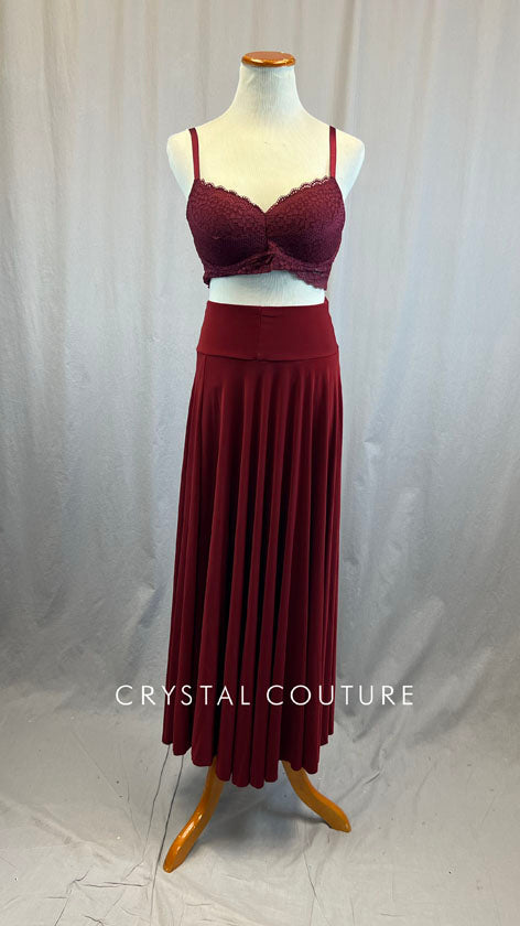 Maroon Lace Bra with Maroon Flowy Skirt