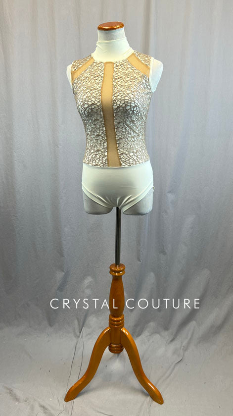 Custom Cream High Neck Leotard Mesh Inserts and Tan Gauze Fishnet Overlay