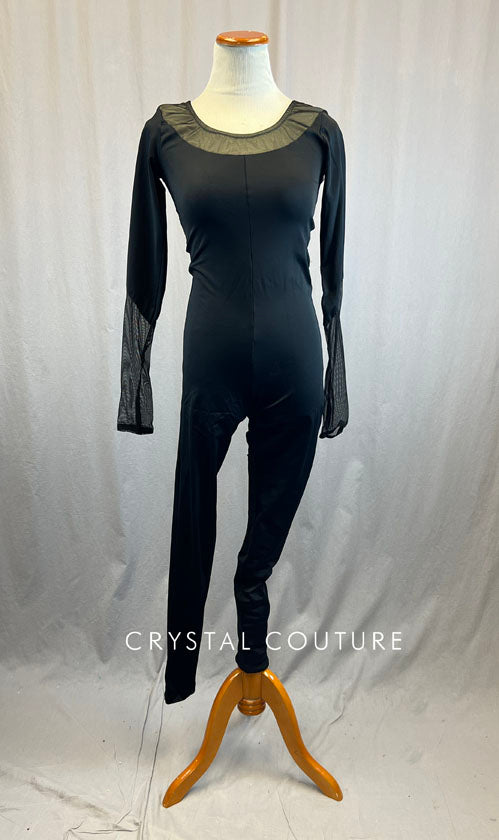 Custom Black Unitard with Mesh Strappy Back and Mesh Inserts