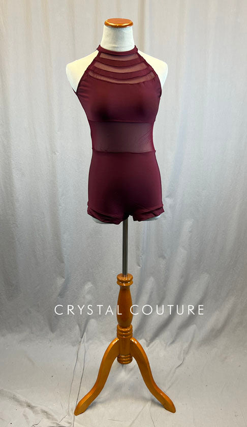 Custom Maroon Leotard with High Neck with Mesh Inserts