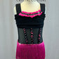 Semi- Custom Black Lace Leotard with Mesh Insert, Pink Fringe Skirt, and Lace Boning - Rhinestones