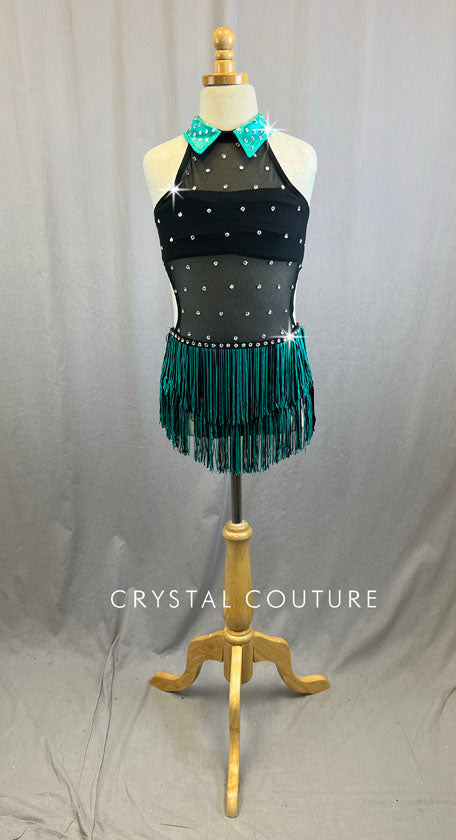 Black and Teal Collared Fringe Dress with Mesh Cutouts - Rhinestones