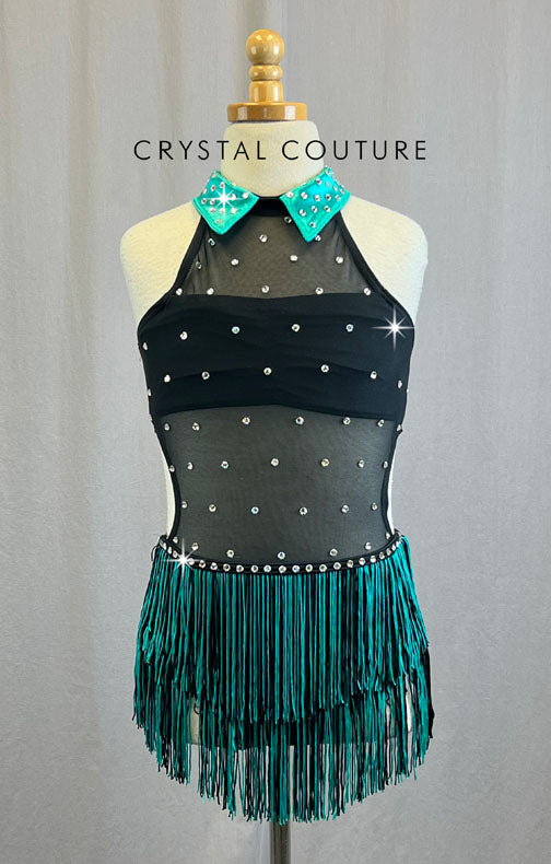 Black and Teal Collared Fringe Dress with Mesh Cutouts - Rhinestones