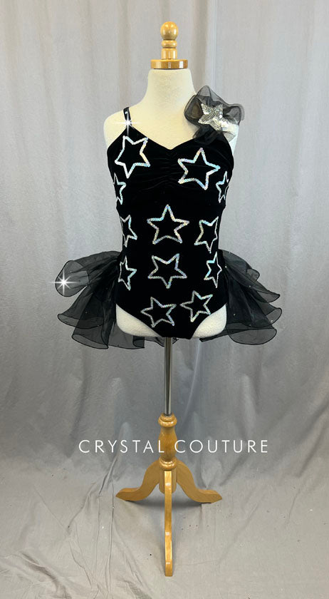 Black Velvet Leotard with Silver Sequin Stars, and Black Tulle Half Skirt - Rhinestones