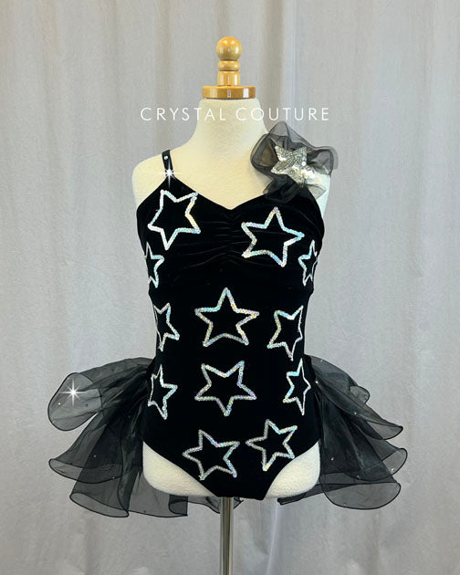 Black Velvet Leotard with Silver Sequin Stars, and Black Tulle Half Skirt - Rhinestones