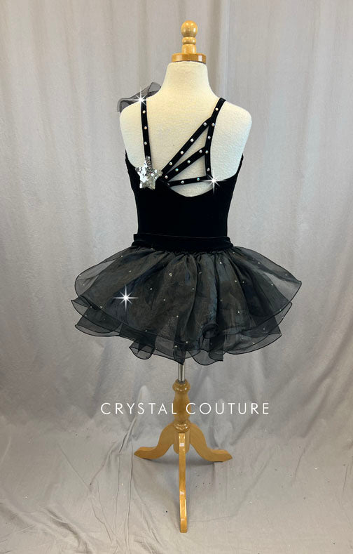 Black Velvet Leotard with Silver Sequin Stars, and Black Tulle Half Skirt - Rhinestones