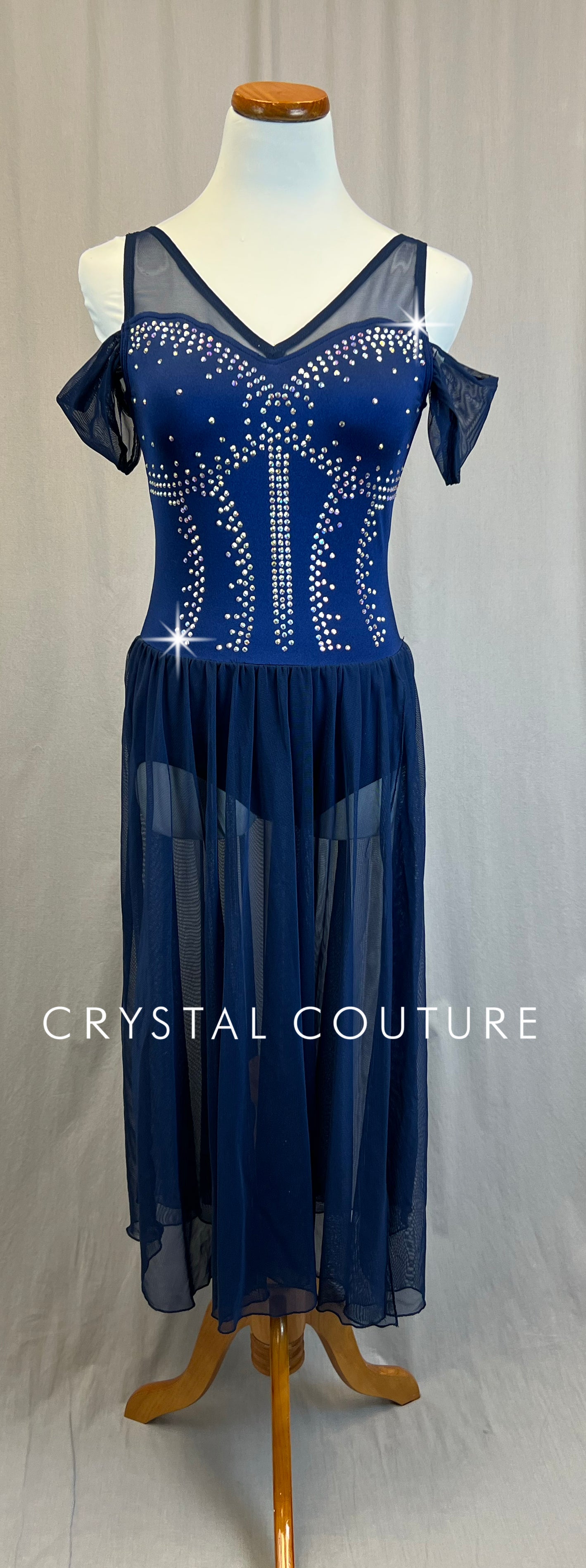*Brand New* Navy Mesh and Lycra Long Dress- Rhinetsones