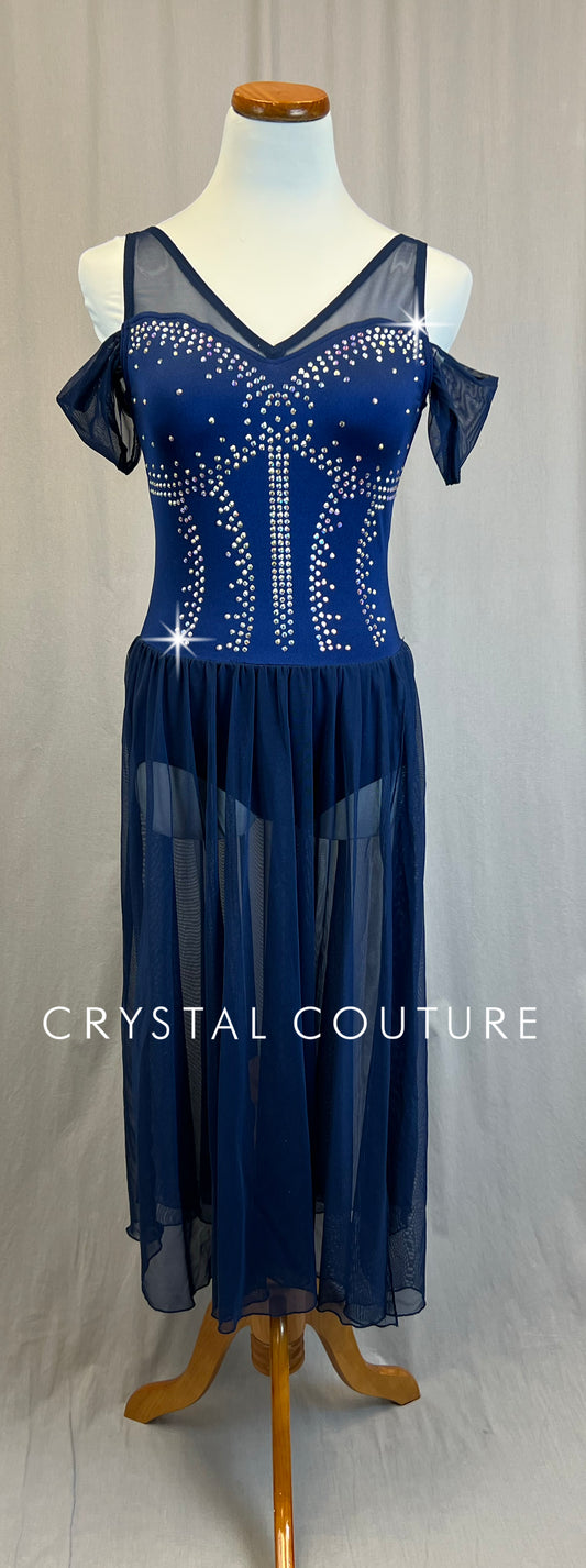 *Brand New* Navy Mesh and Lycra Long Dress- Rhinetsones