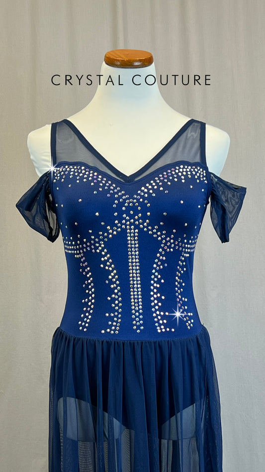 *Brand New* Navy Mesh and Lycra Long Dress- Rhinetsones