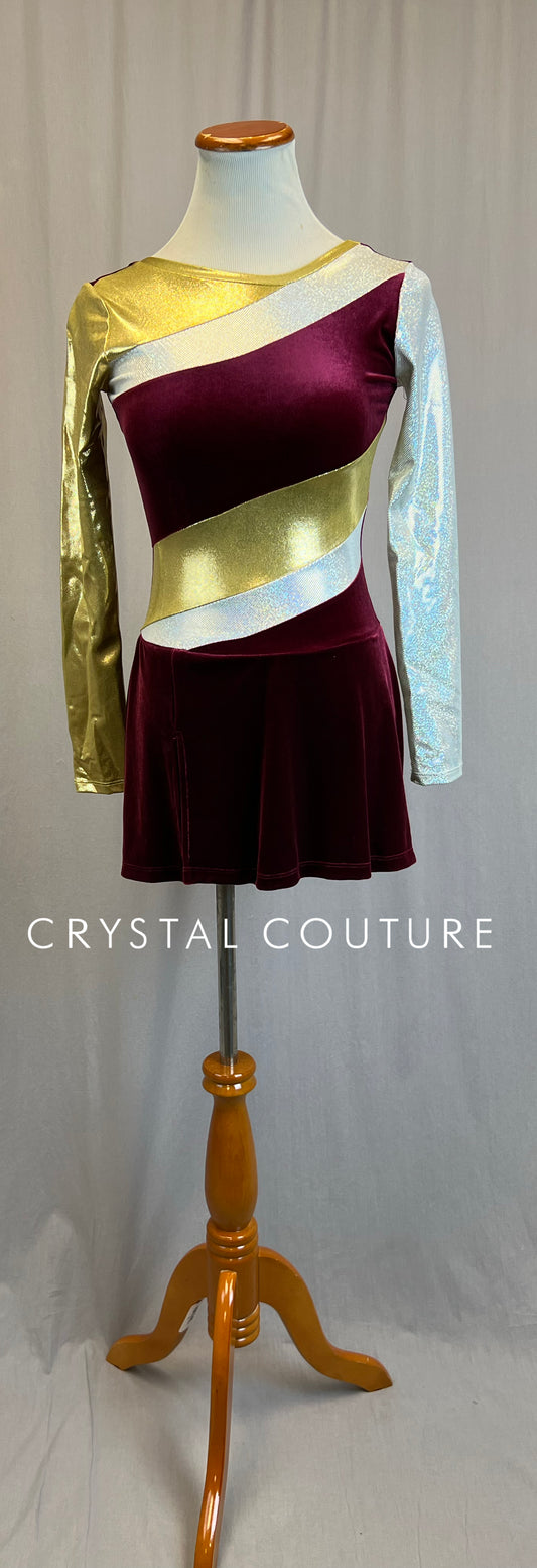 *Brand New* Burgundy Velvet, Gold and Silver Spangle Long Sleeve Dress