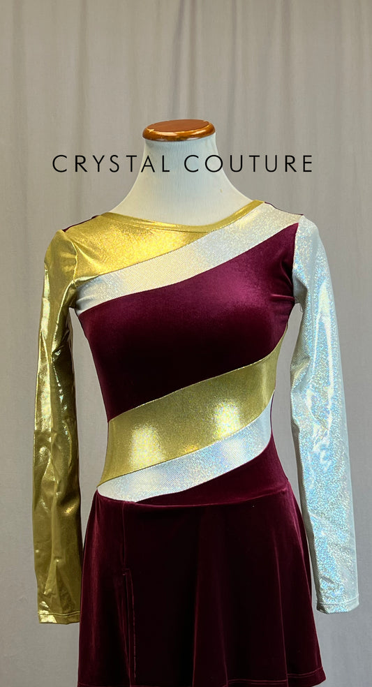 *Brand New* Burgundy Velvet, Gold and Silver Spangle Long Sleeve Dress
