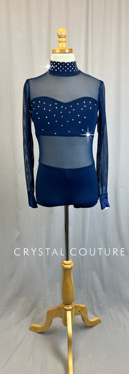 *Brand New* Navy Mesh and Lycra Long Sleeve Biketard- Rhinestones