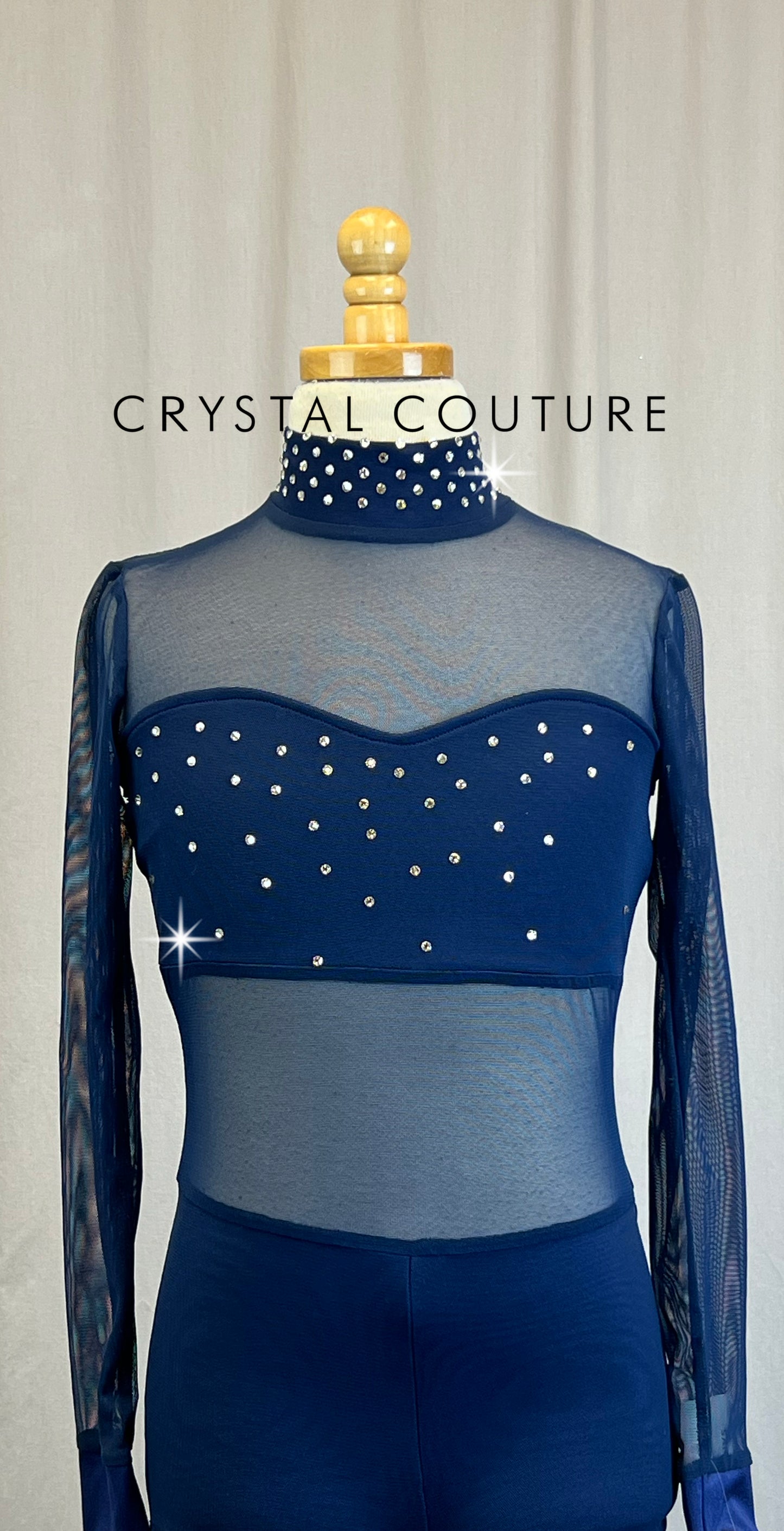 *Brand New* Navy Mesh and Lycra Long Sleeve Biketard- Rhinestones