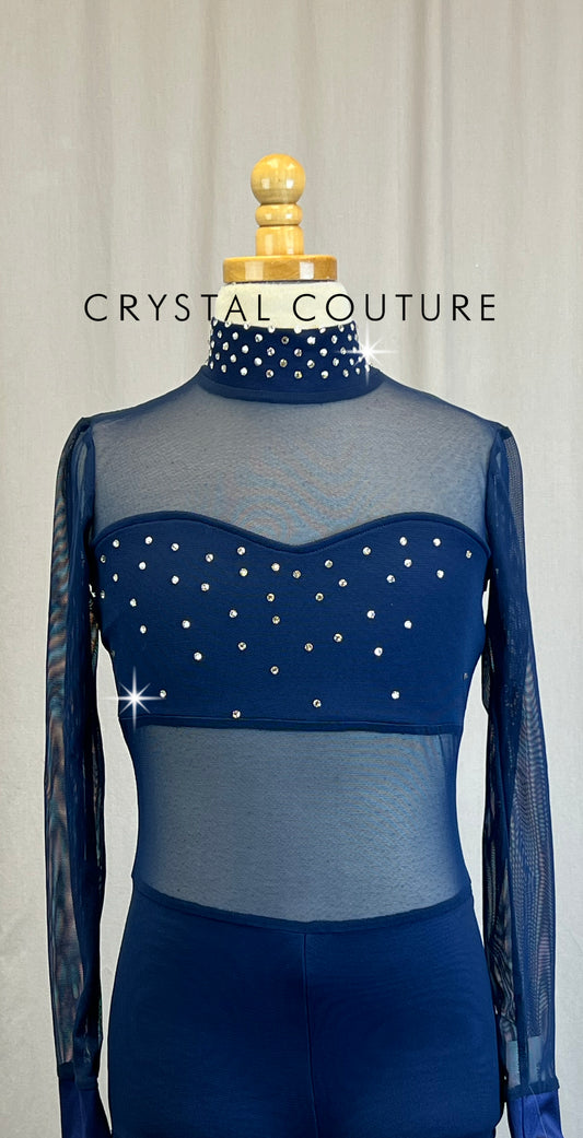 *Brand New* Navy Mesh and Lycra Long Sleeve Biketard- Rhinestones