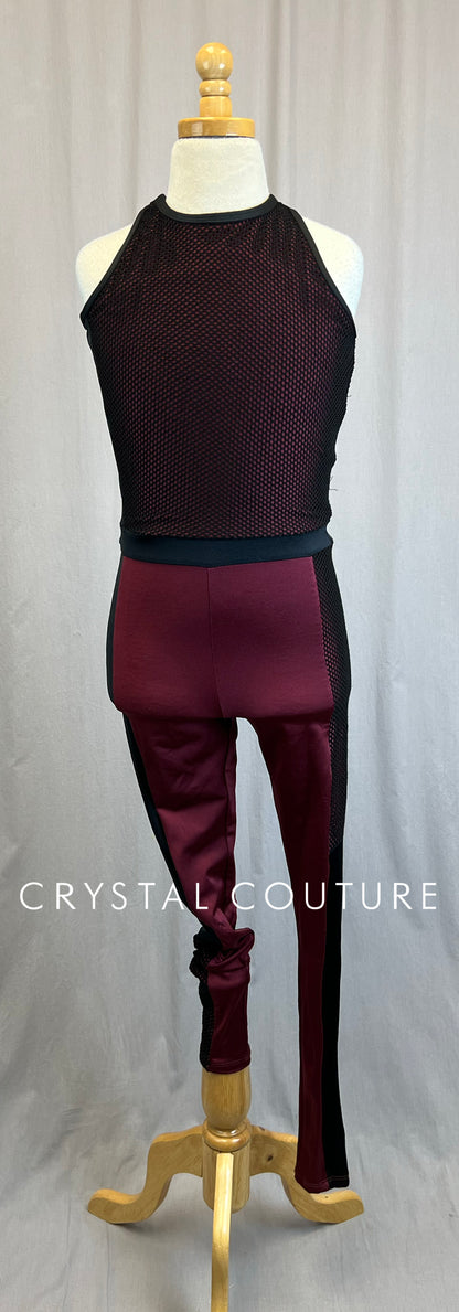 *Brand New* Black Mesh Netting and Maroon Lycra Unitard