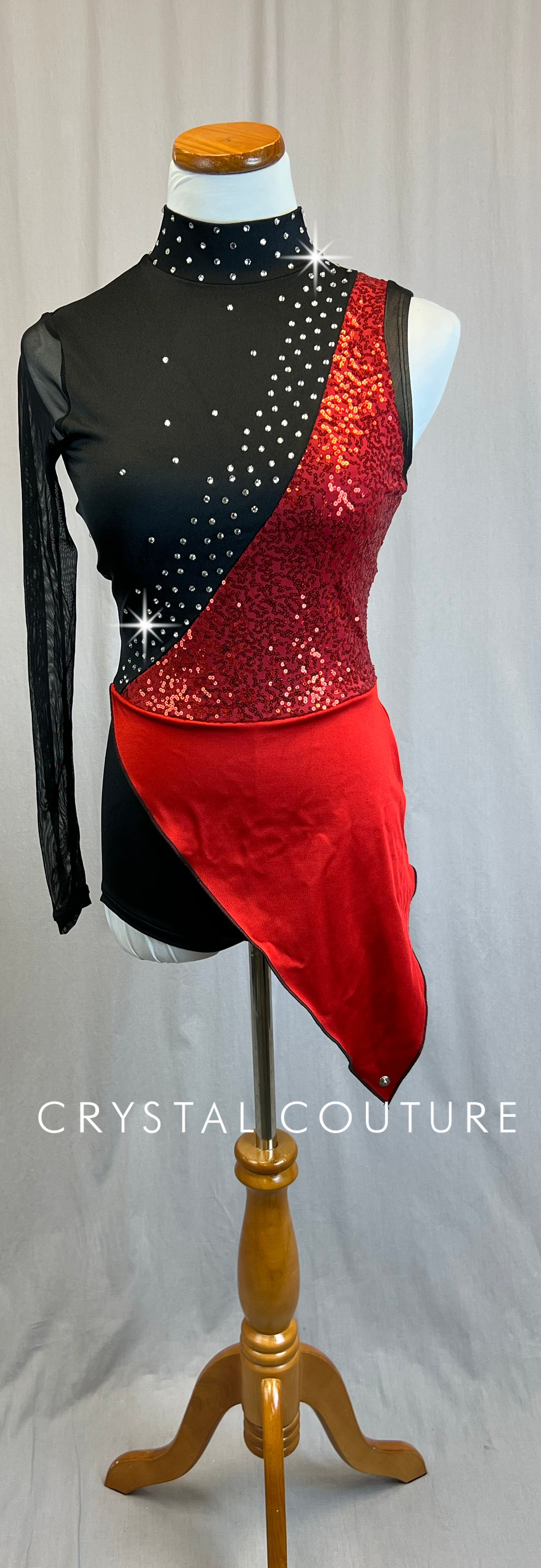 *Brand New* Black Asymmetrical Transition Biketard with Red Sequins and Half-Skirt
