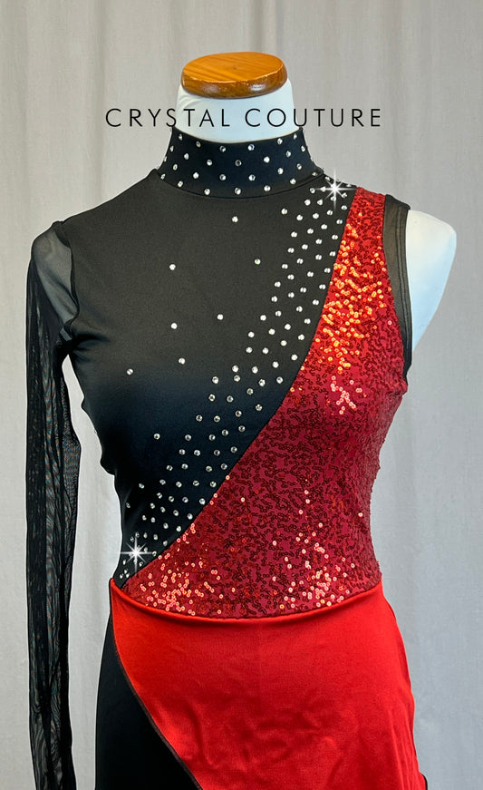 *Brand New* Black Asymmetrical Transition Biketard with Red Sequins and Half-Skirt