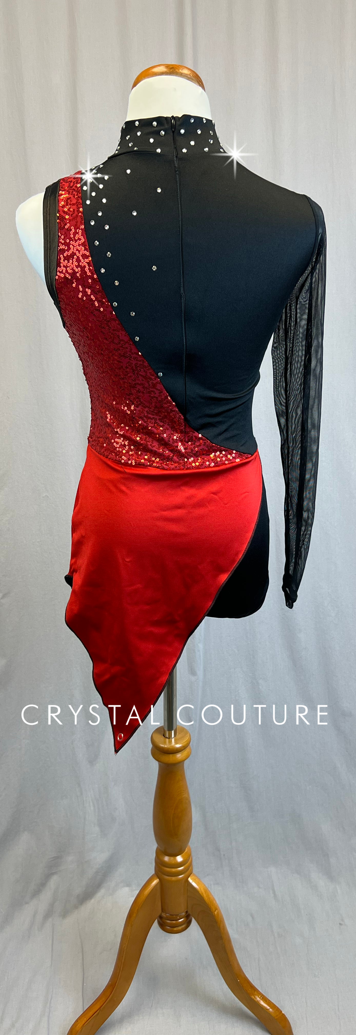 *Brand New* Black Asymmetrical Transition Biketard with Red Sequins and Half-Skirt