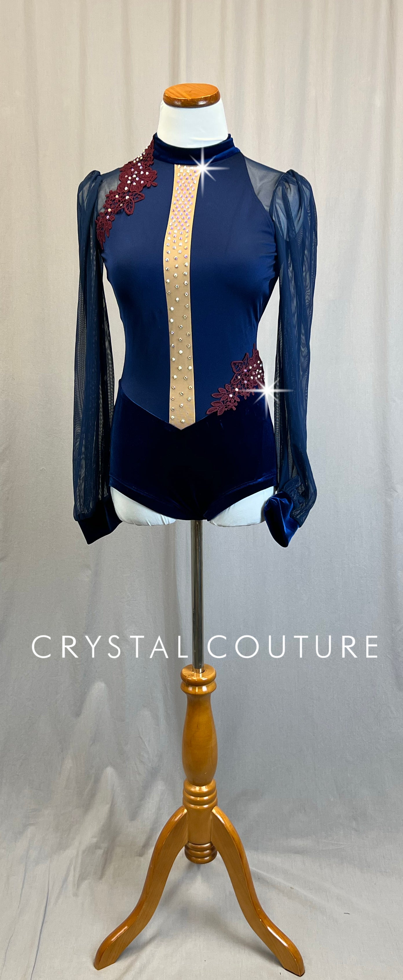 *Brand new* Navy Lycra and Velvet Puff Sleeve Leotard with Maroon Appliques -Rhinestones