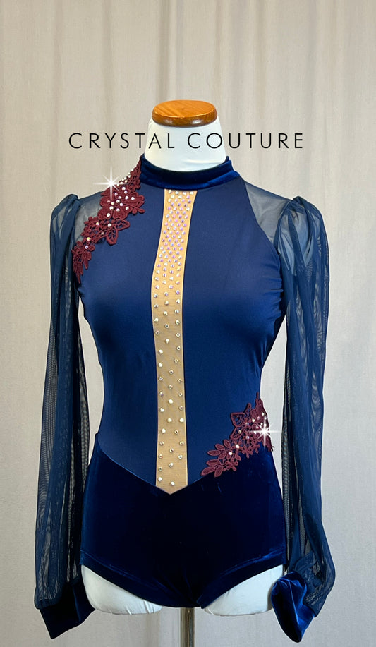 *Brand new* Navy Lycra and Velvet Puff Sleeve Leotard with Maroon Appliques -Rhinestones