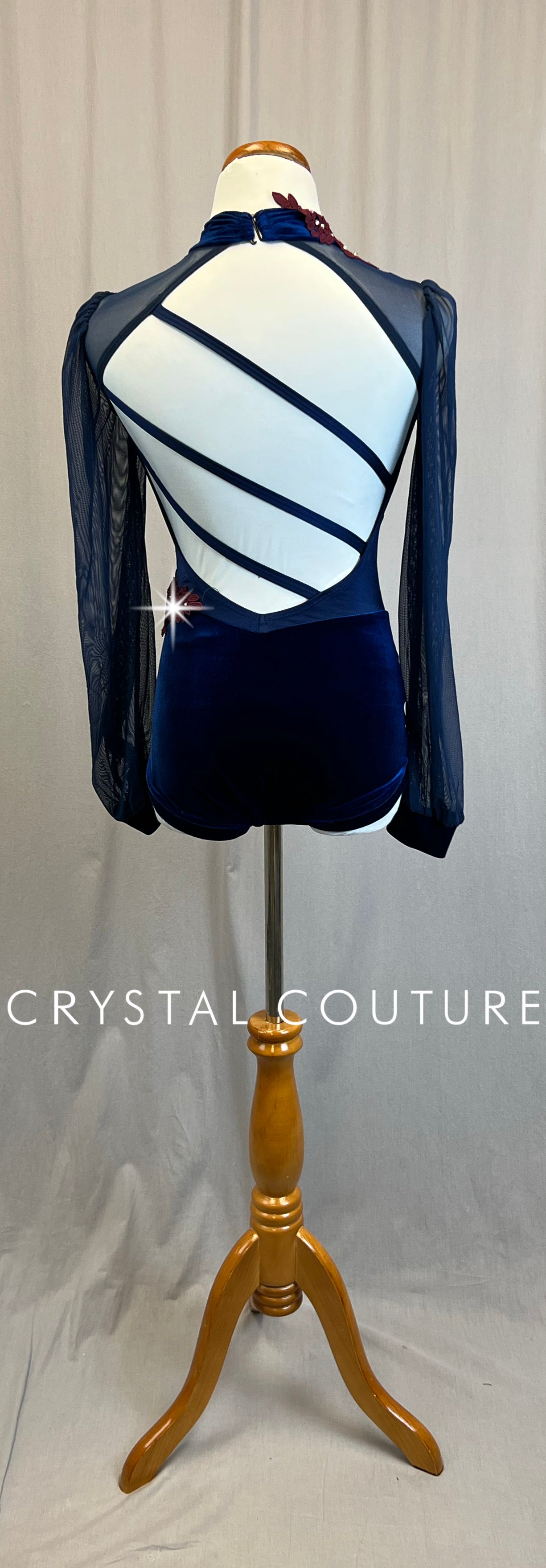 *Brand new* Navy Lycra and Velvet Puff Sleeve Leotard with Maroon Appliques -Rhinestones