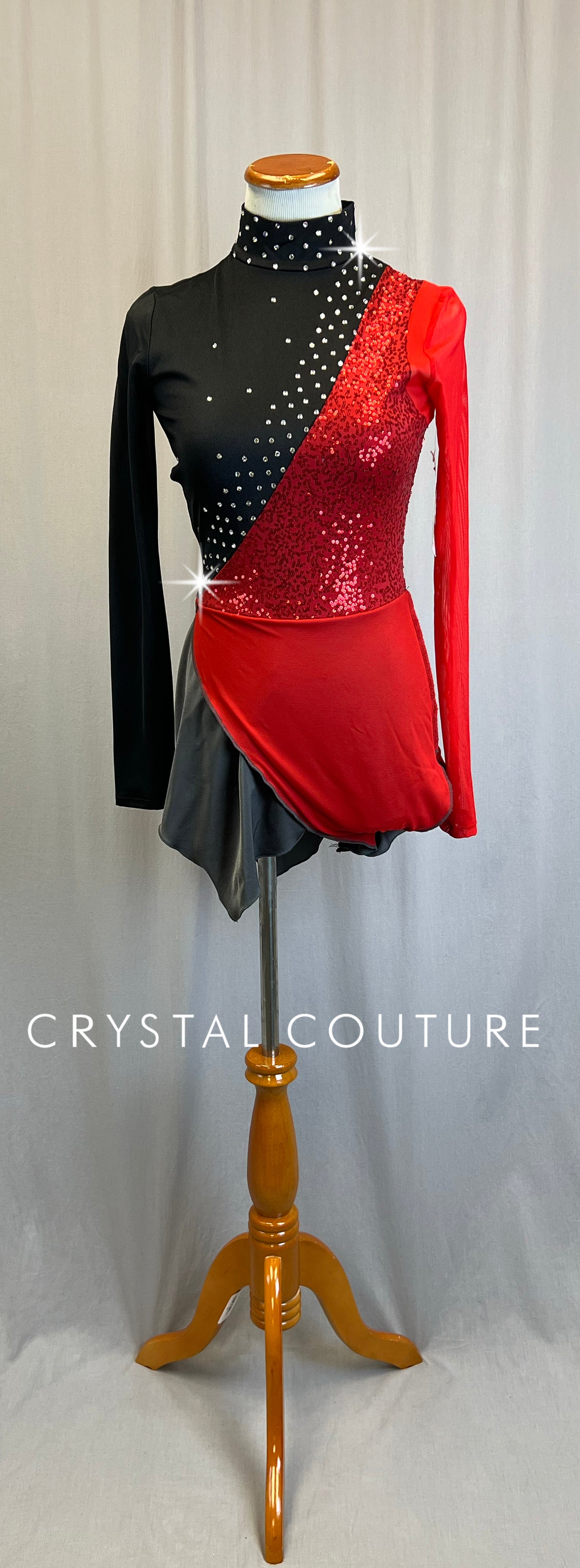 *Brand New* Black and Gray Asymmetrical Transition Biketard with Red Sequins and Half-Skirt