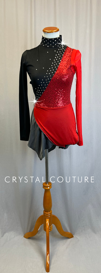*Brand New* Black and Gray Asymmetrical Transition Biketard with Red Sequins and Half-Skirt