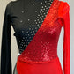 *Brand New* Black and Gray Asymmetrical Transition Biketard with Red Sequins and Half-Skirt