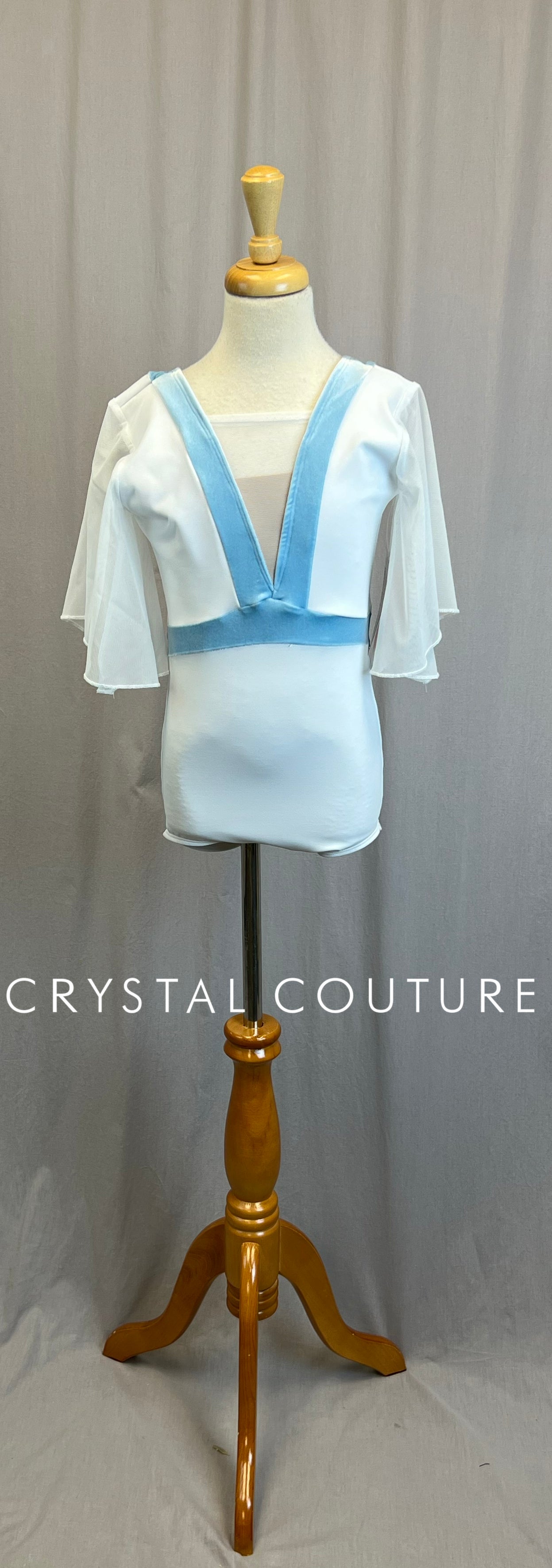 *Brand New* White Flounce Sleeve Leotard with Blue Velvet Trims