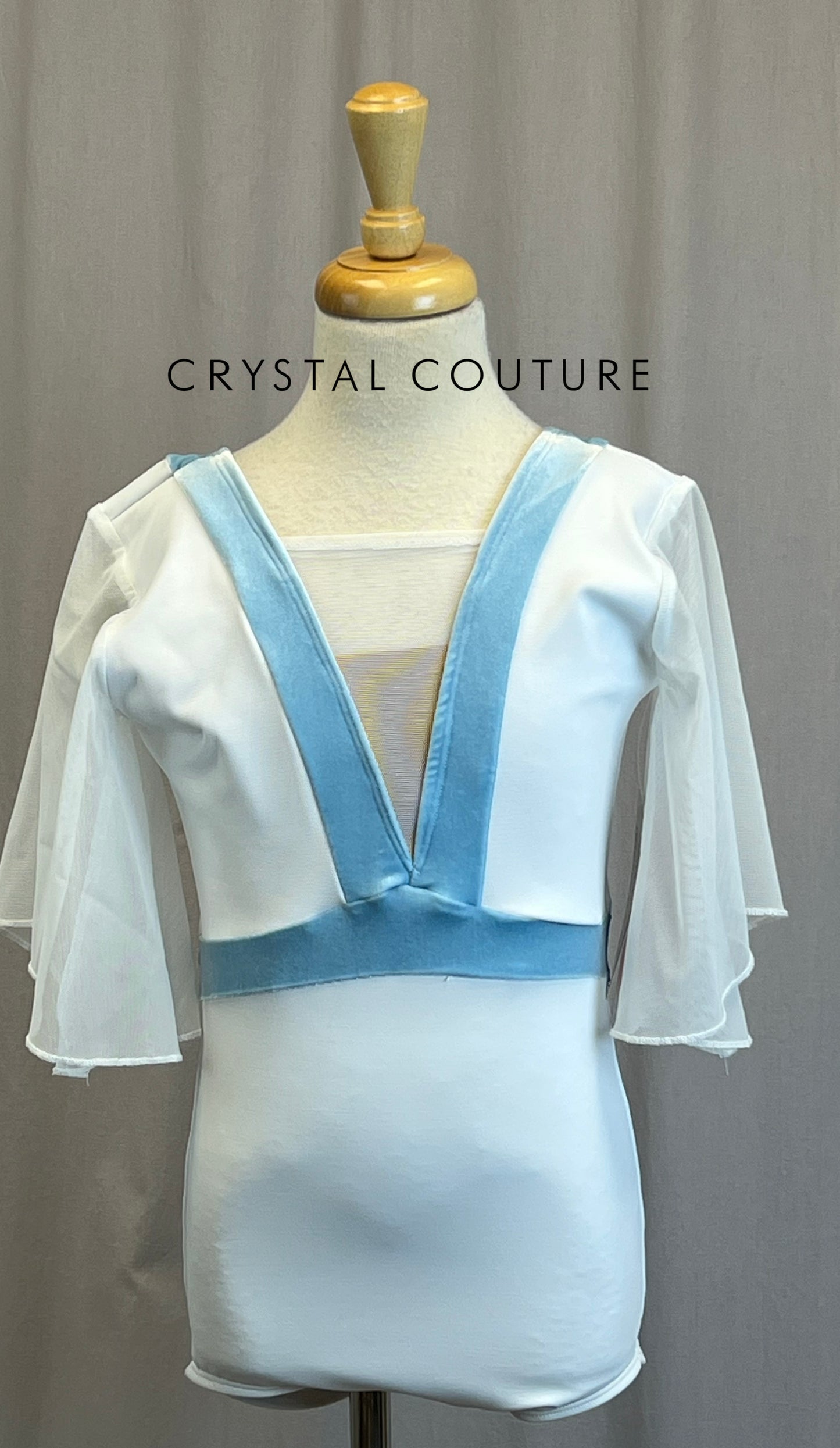 *Brand New* White Flounce Sleeve Leotard with Blue Velvet Trims