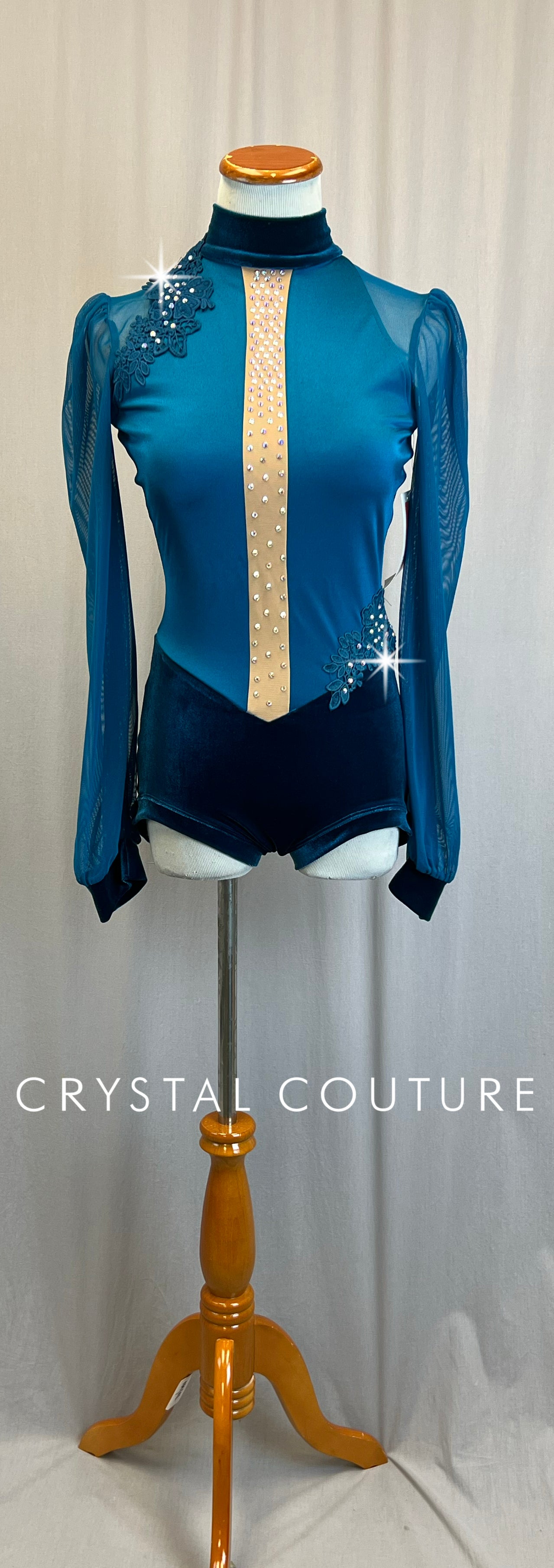 *Brand new* Teal Lycra and Velvet Puff Sleeve Leotard with Dark Teal Appliques -Rhinestones