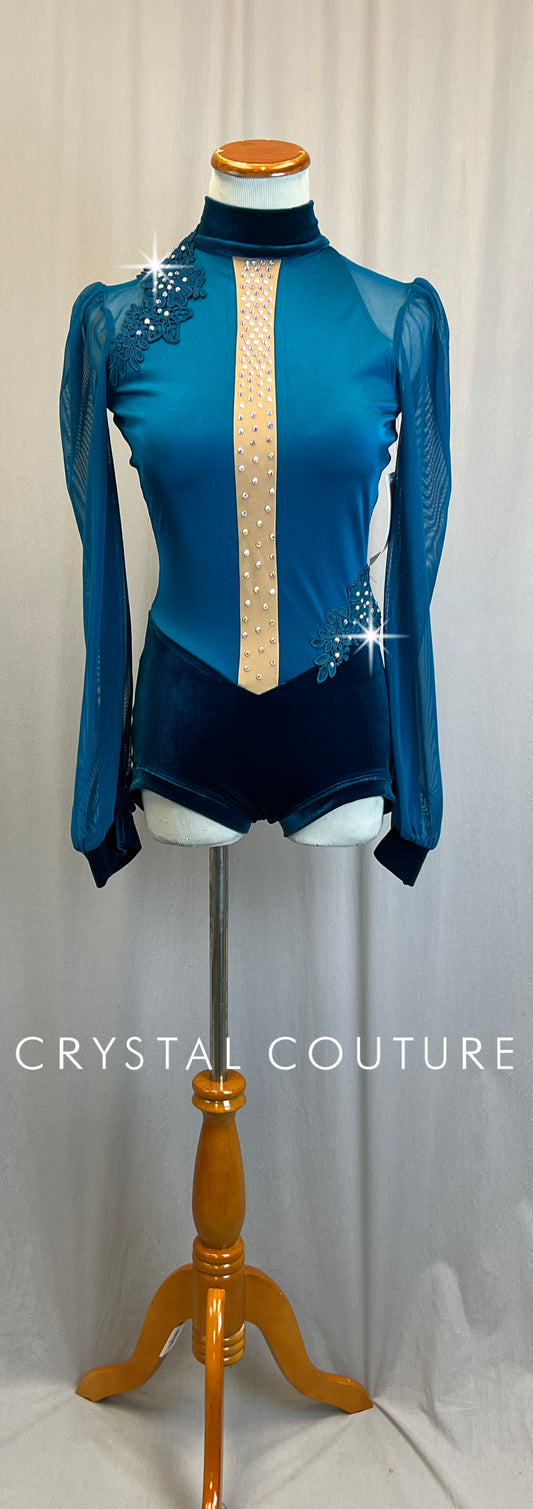 *Brand new* Teal Lycra and Velvet Puff Sleeve Leotard with Dark Teal Appliques -Rhinestones