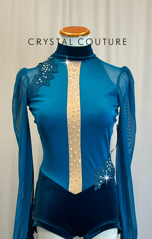*Brand new* Teal Lycra and Velvet Puff Sleeve Leotard with Dark Teal Appliques -Rhinestones