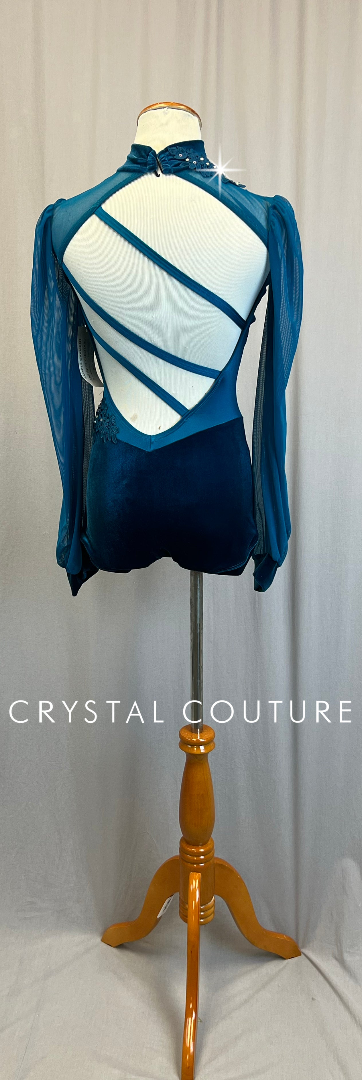 *Brand new* Teal Lycra and Velvet Puff Sleeve Leotard with Dark Teal Appliques -Rhinestones