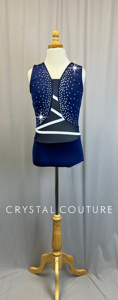 *Brand New* Navy Lycra Leotard with White Accents  - Rhinestones
