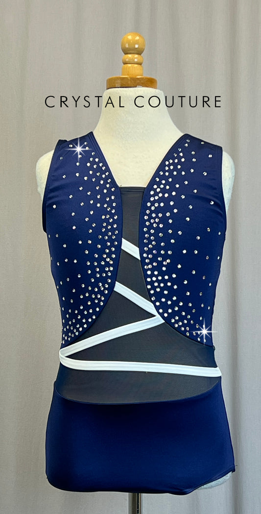 *Brand New* Navy Lycra Leotard with White Accents  - Rhinestones