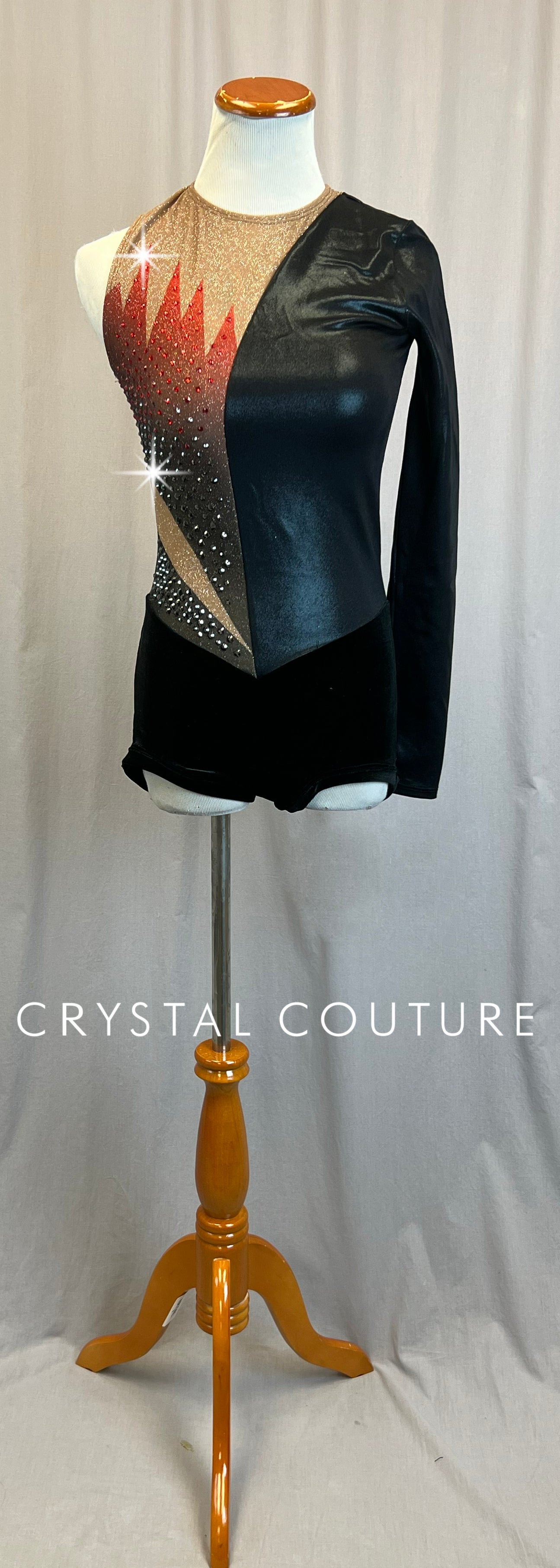 *Brand New* Asymmetrical Black Lycra and Tan Sparkle Mesh Biketard with Red and Black Flames.  - Rhinestones