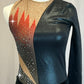 *Brand New* Asymmetrical Black Lycra and Tan Sparkle Mesh Biketard with Red and Black Flames.  - Rhinestones