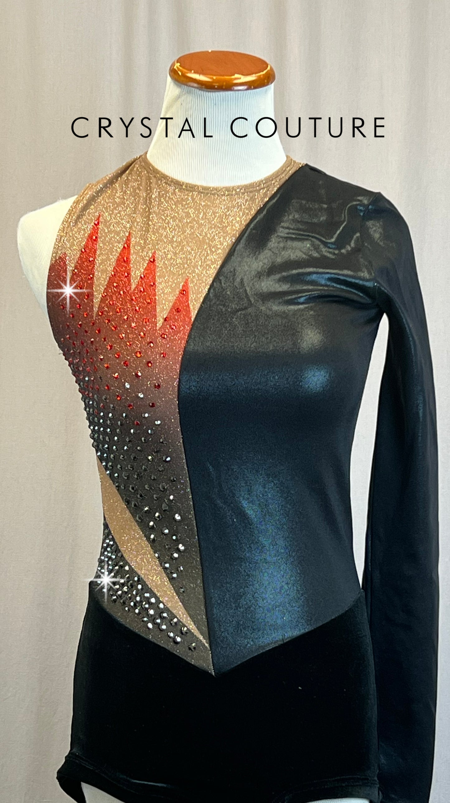 *Brand New* Asymmetrical Black Lycra and Tan Sparkle Mesh Biketard with Red and Black Flames.  - Rhinestones