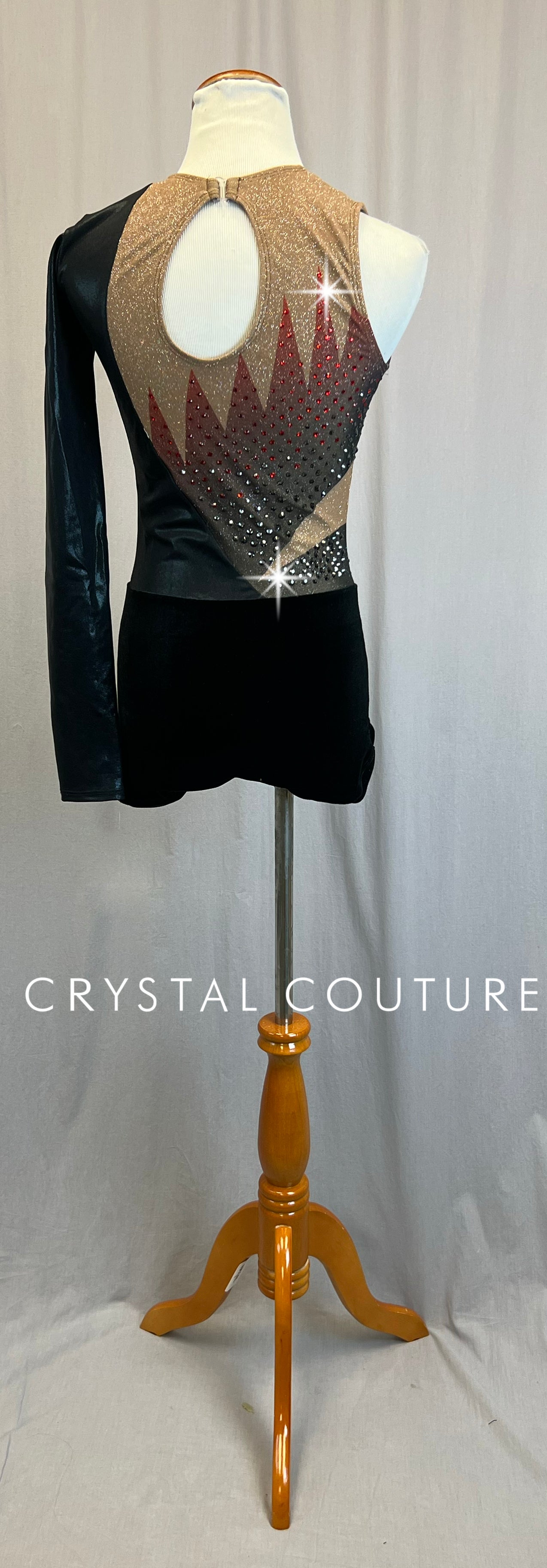 *Brand New* Asymmetrical Black Lycra and Tan Sparkle Mesh Biketard with Red and Black Flames.  - Rhinestones