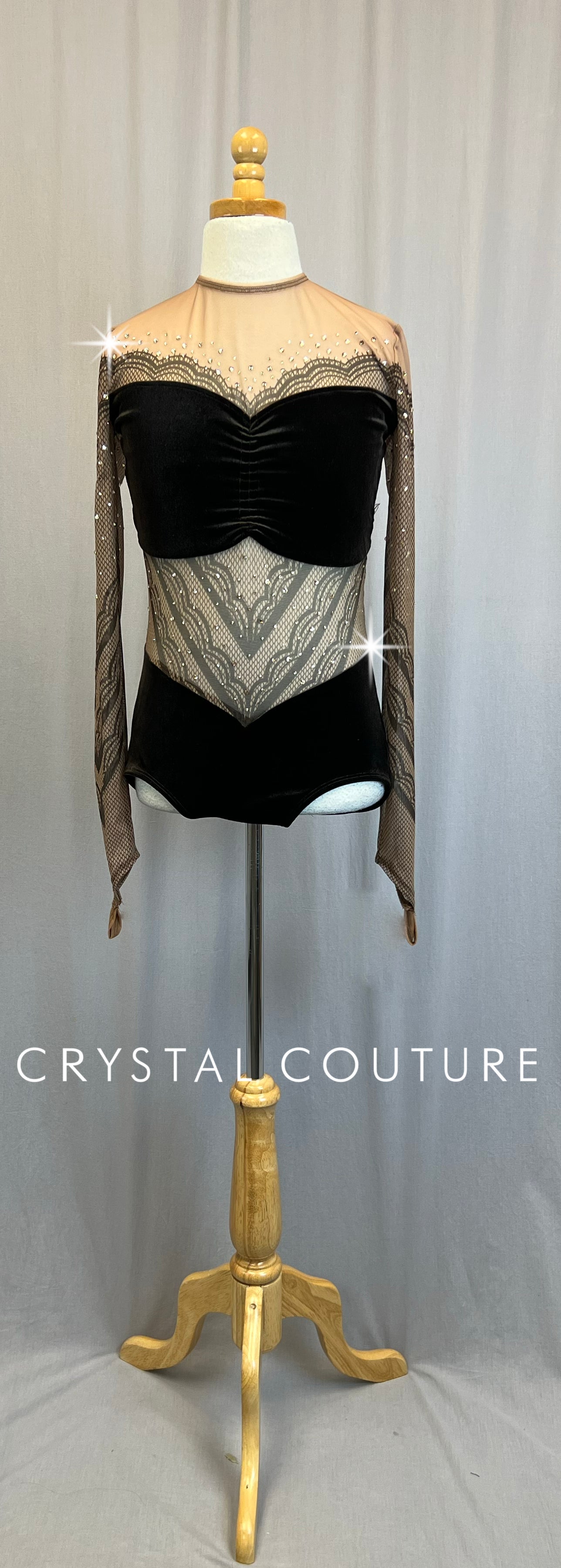 *Brand New* Brown Velvet and Tan Mesh Long Sleeve Leotard  - Rhinestones