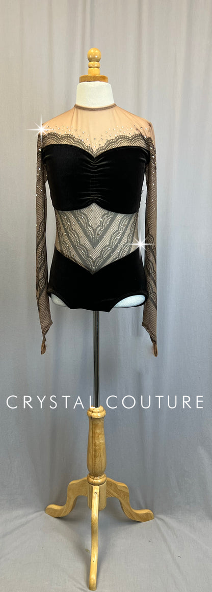 *Brand New* Brown Velvet and Tan Mesh Long Sleeve Leotard  - Rhinestones