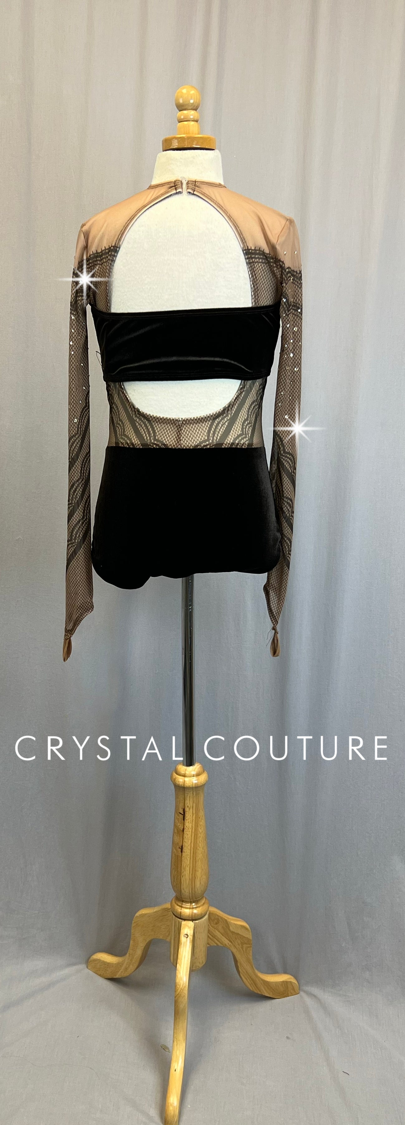 *Brand New* Brown Velvet and Tan Mesh Long Sleeve Leotard  - Rhinestones