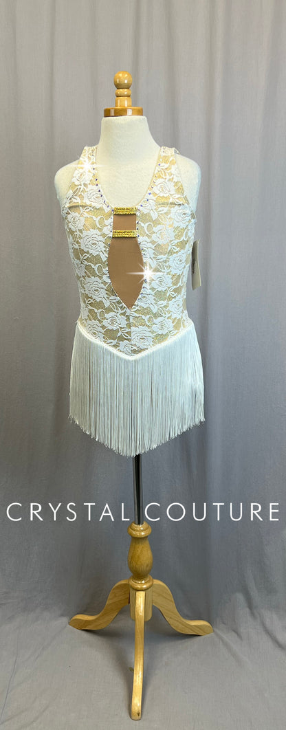*Brand New* Gold and Ivory Lace and Fringe Leotard  - Rhinestones