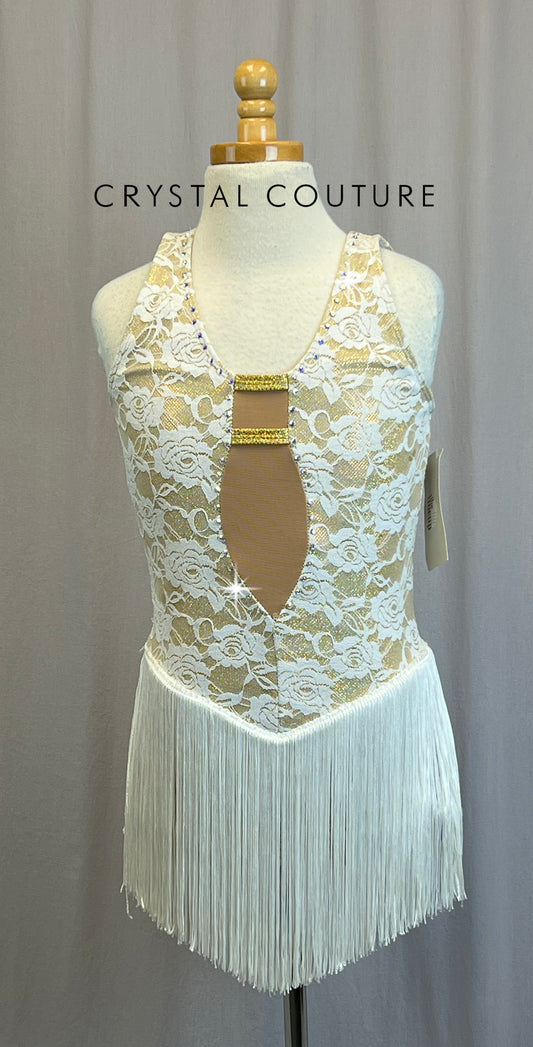 *Brand New* Gold and Ivory Lace and Fringe Leotard  - Rhinestones
