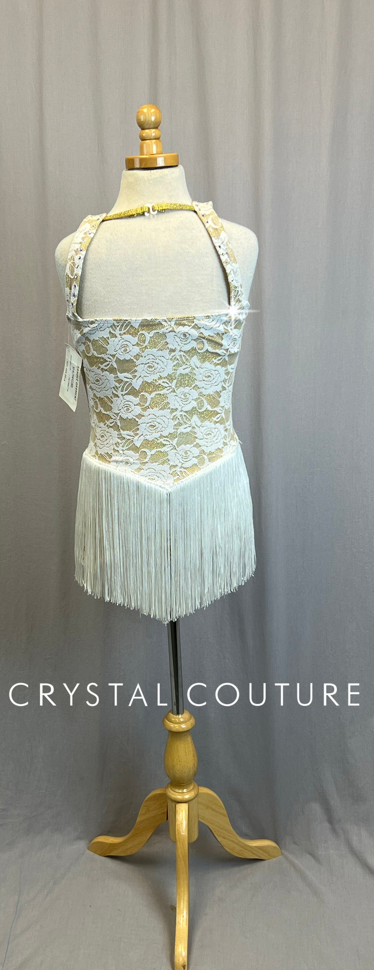 *Brand New* Gold and Ivory Lace and Fringe Leotard  - Rhinestones