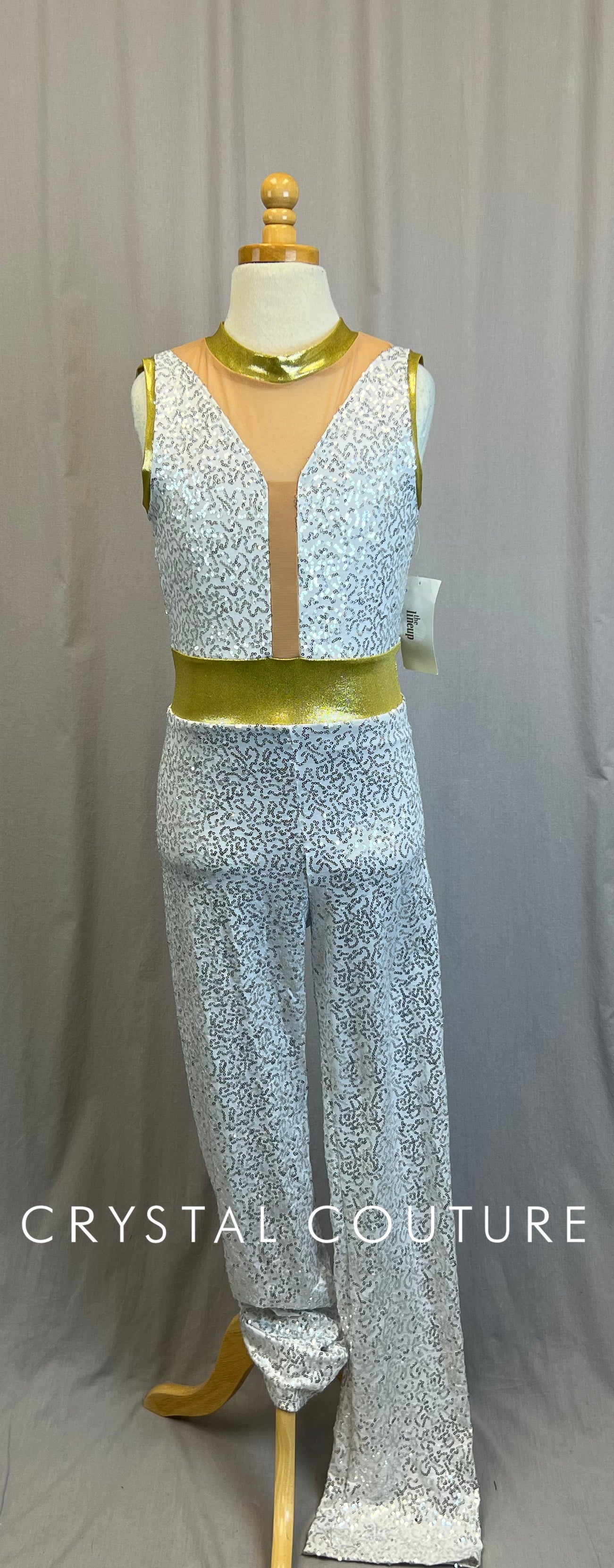 *Brand New* White Zsa-Zsa Sequin Unitard with Gold and Mesh Accents