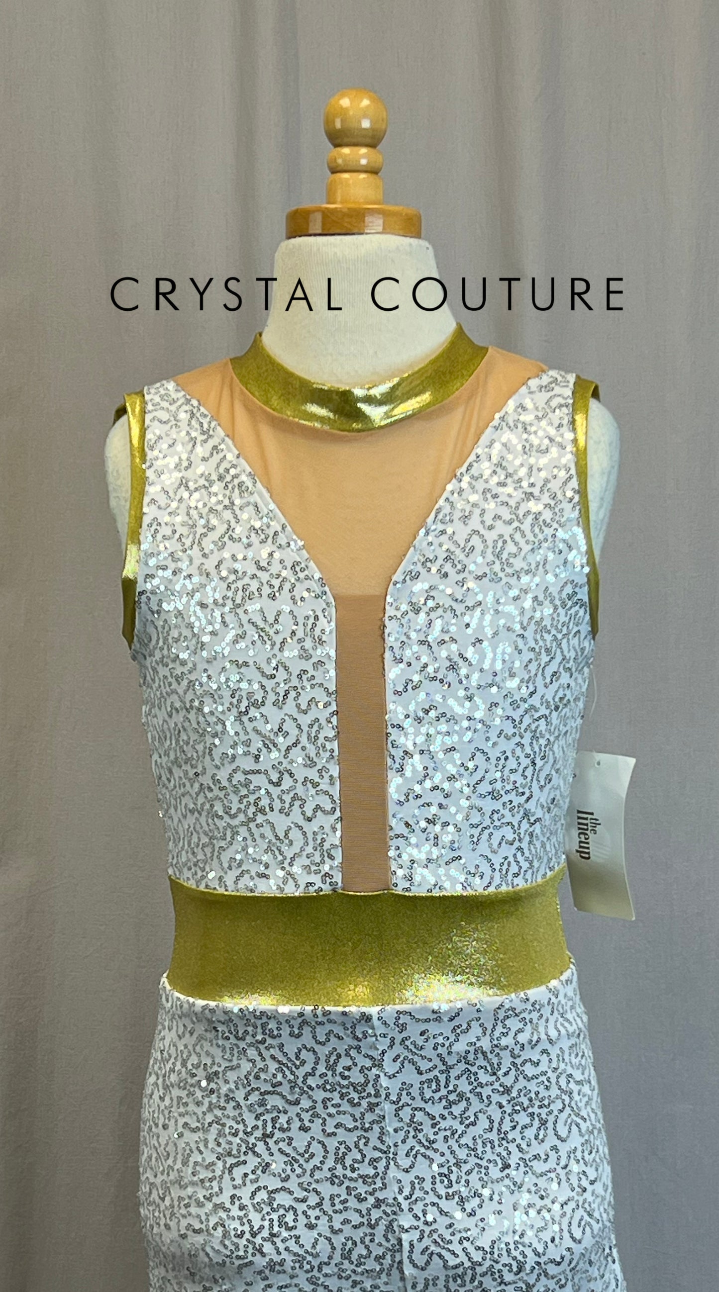 *Brand New* White Zsa-Zsa Sequin Unitard with Gold and Mesh Accents