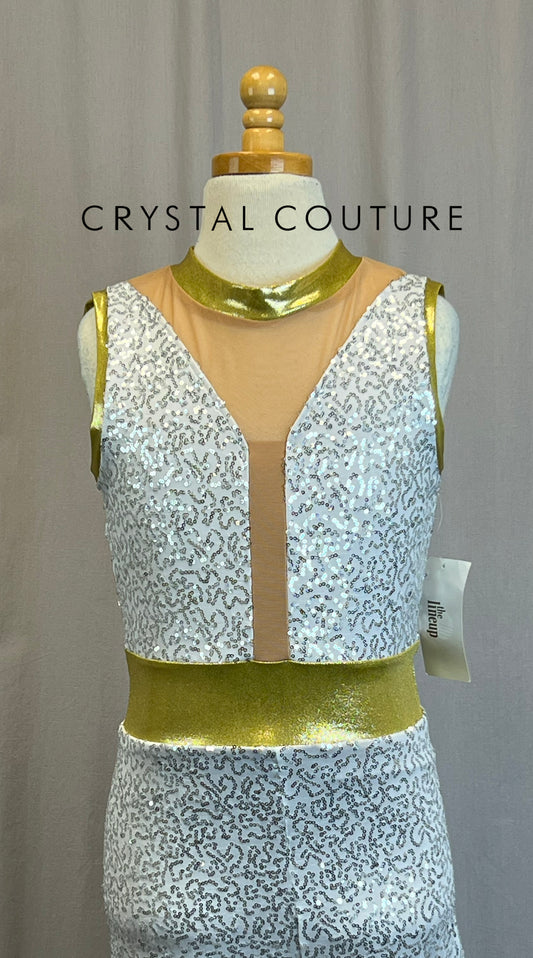 *Brand New* White Zsa-Zsa Sequin Unitard with Gold and Mesh Accents