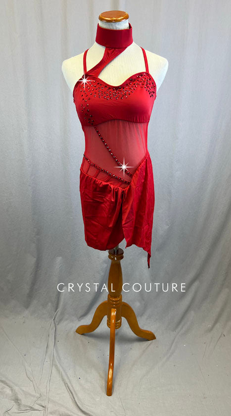 Red Salsa Mesh Cutout Leotard with Slit Skirt - Rhinestones